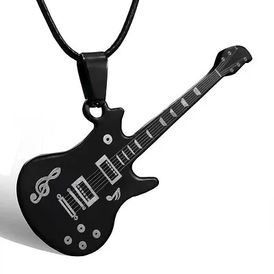 Fashion Stainless Steel Black Music Guitar Pendant Necklace Leather Chain Gifts • £2.54