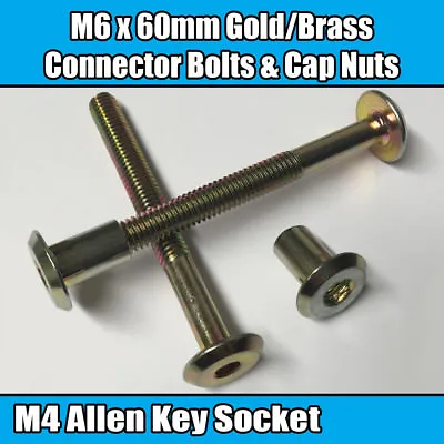 M6 X 60mm Gold Brass Yellow Furniture Connector Bolts With Cap Nuts Joint Fixing • £4.28