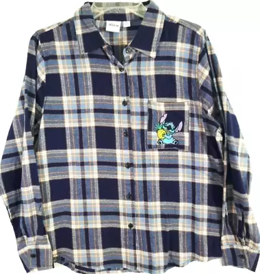 Disney Stitch-Womens Long Sleeve Button-Up Flannel Shirt Extra Small XS Blue • $13.49