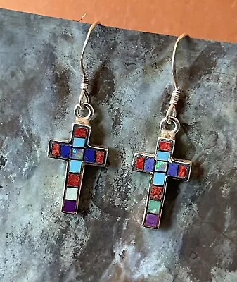 Colorful 925 Sterling Silver Multi Stone Inlay Cross Earrings • $26.99