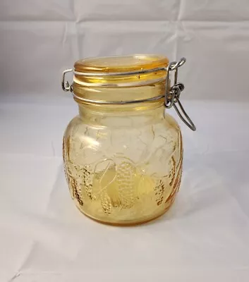 Vtg Crownford Amber Yellow Glass Jar Canister Made In Italy 1983 Hinged Lid • $9.99