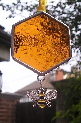 £12 • Buy Stained Glass Honeycomb With Bumble Bee Charm Suncatcher Handmade In England
