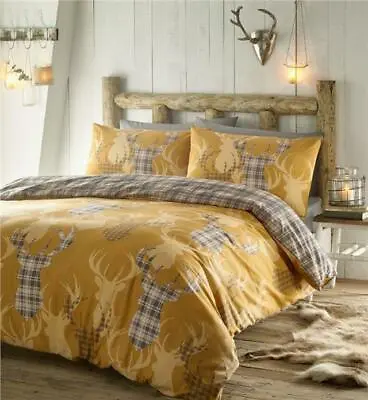 Stag Duvet Sets & Tartan Check Quilt Cover Ochre Mustard Rustic Bedding • £20.69