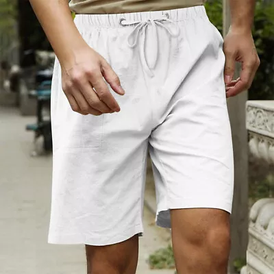 Men's Drawstring Cotton Linen Shorts Summer Beach Holiday Solid Short Pants US • $12.99