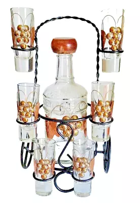 Vtg Iron Tequila Set Rack Bottle And 6 Shot Glasses-Metal Silver Accents • $65.39