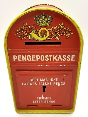 VTG COIN SIZED SAVINGS LETTER BOX BANK DENMARK TIN NO KEY LOCKED 4.5”x3”x2” • $8