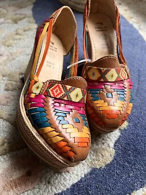 Authentic Mexican Women’s Huarache Wedge Leather Sandal Shoes Handmade Size 9 • $35