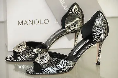 $895 New MANOLO BLAHNIK SEDARABY 90 Black Silver Foil Jeweled Heels SHOES 42  • $550