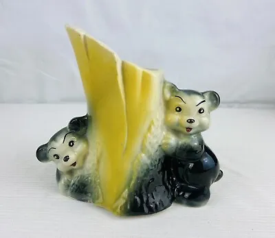 Vintage 1940s American Bisque Pottery Kitsch Black Bears Tree Stump Planter Vase • $11.20