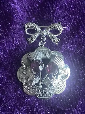 Vintage MIZPAH Silver Tone Double Thistle Amethyst  Scottish Purple Brooch • £14.50