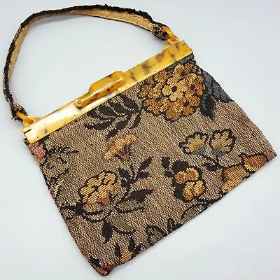 Vintage Bakelite Butterscotch Folding Frame & Clasp Carpet Bag Tapestry Purse • $49.95