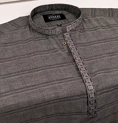 Men's Kurta Grey 3 With Placket Embroidery • £25