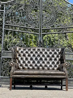 1930s Tufted Leather Wing Back Settee Chesterfield Loveseat • $7450