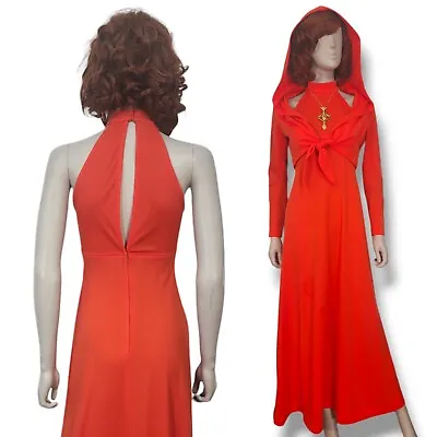 Vtg 70s Prom Dress Hooded Set Red Halter High Neck Long Maxi Cut Out Jacket S • $99.99