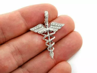 Pendant Silver Caduceus Medical 2 Ct Round Simulated Diamond White Gold Plated • $104.49