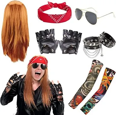 80s 90s Costume Accessories Set Men Women Fancy Dress Rock Star Heavy Metal Wig • £15.28