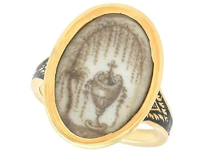 Antique Black Enamel And 18k Yellow Gold Sepia Mourning Ring  • $4045