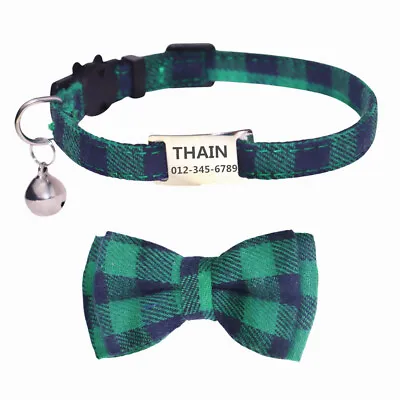 Personalised Cat Collars With Name Tag Kitten Collar With Bell And Bow Tie Plaid • £4.98