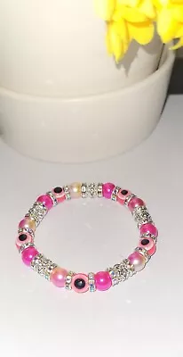 Pink And Yellow Evil Eye Beaded Stretch Protection Mal De Ojo Kabbalah  Bracelet • $9.98