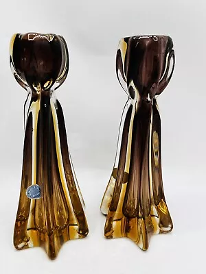 Venetian Murano Glass Amethyst/Amber Candlestick Pair. 8”. Barovier & Toso 1950s • $175