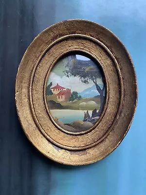 Vintage Italian Tara Oval Miniature Landscape Oil Painting Gilt Frame Signed (b) • £49