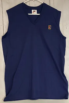 NIKE Vintage Navy Blue Large Muscle Shirt Tank Top V-Neck Embroidered Swoosh USA • $21.90