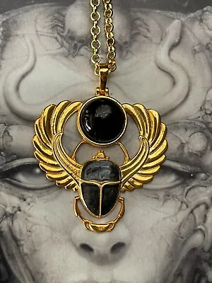 GOLD SCARAB ONYX Necklace Sterling Silver Ancient Egyptian Beetle Amulet • $59