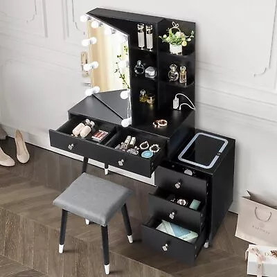 10 Led Lights Large Dresser With Mirror Nightstand Vanity Black Gold US • $190.99