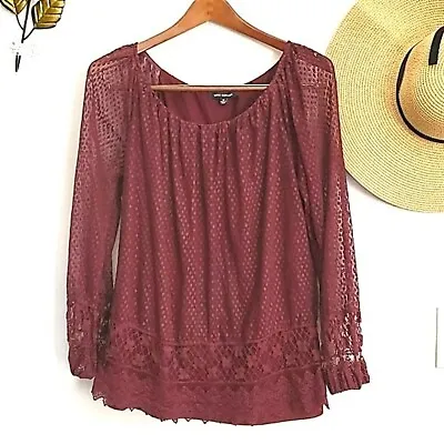 Max Edition Women's Lace Blouse Size Medium Burgundy Long Sheer Sleeves Spring • $12.99