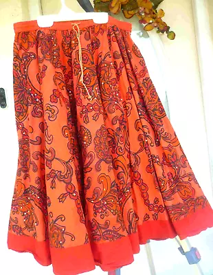 Vtg Orange Full Circle Skater Skirt Floral 100% Cotton India Sequin M S Elastic • $20