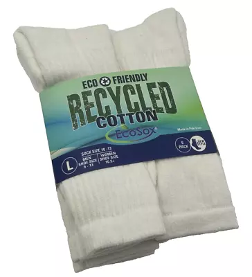 Ecosox Men's White Knitted Cotton Stretch Crew Socks Size Large 10-13 6-Pack • $12