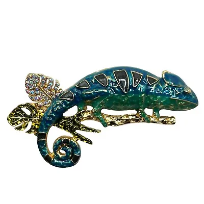 CHAMELEON BROOCH Pin Ab Rhinestone Blue Enamel Lizard Branch Costume Jewelry • $11.99