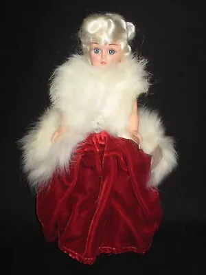 Vintage 7  Hard Plastic Doll Open Shut Eyes Red Velvet & Real Fur Blue Eyes • $19.34