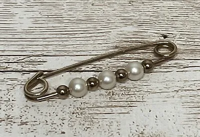 Vintage Gold Tone Safety Pin Brooch Bead & Pearls  • $7.95