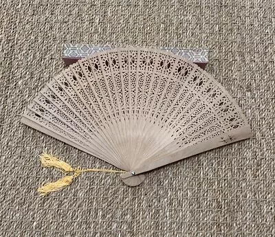 Vintage Open Work Sandalwood Fan W/Peach Double Tassel. Original Glass Top Box • $48