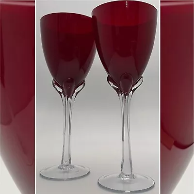 Murano Wine Goblet/Drinking Glass Ruby Red Tulip Stem 2pc Set Italy 9.5 T 14oz • $40