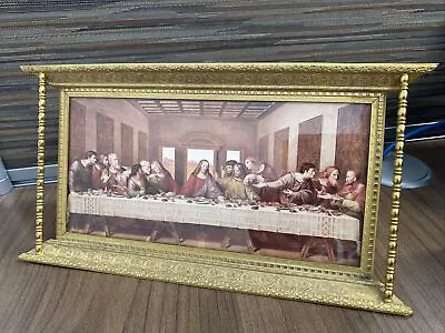 Vintage Last Supper Picture Ornate Pillared Brass Metal Frame Stand Hanging • $16.99