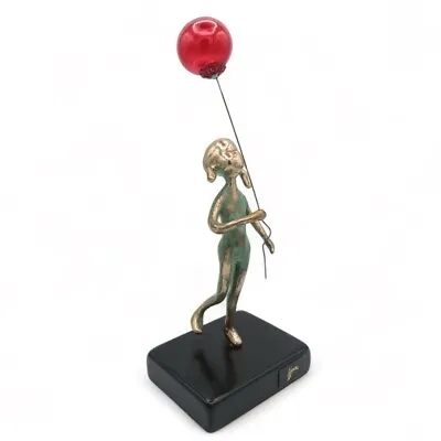 Malcolm Moran Girl With Red Balloon Brass Sculpture On Black Wood Base Signed 8  • $150
