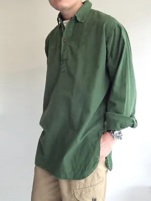 Vintage 1960s -70s Swedish Army Collared Pullover Shirt Military M59 Round Hem • £18.58