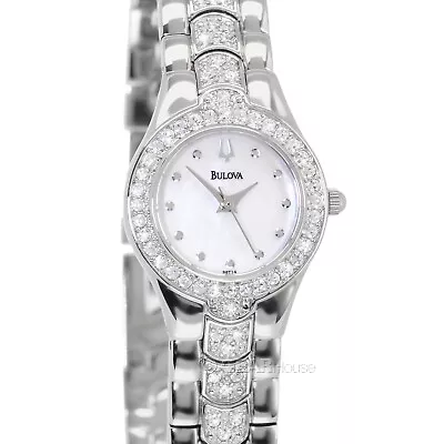 BULOVA Crystals Womens Glitz Watch White MOP Dial Pave Stainless Steel Band • $104.90