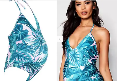 Teal Boohoo Halter Neck Tropical Palm Maternity Swimsuit Size 12 New Swimwear • $18.66