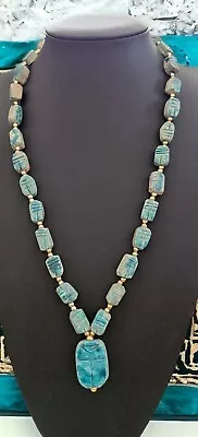 Vintage 1970s Necklace Egyptian Scarab Beetle Pendant Art Deco Faience Beads  • £10