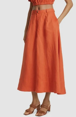 $106.48 • Buy $265 Staud Women Orange Cybele Linen Midi Skirt Size 8
