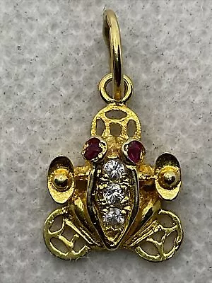 VINTAGE HANDMADE Solid 18K Yellow Gold Cr. Ruby & White CZ FROG Charm Pendant • $299.99