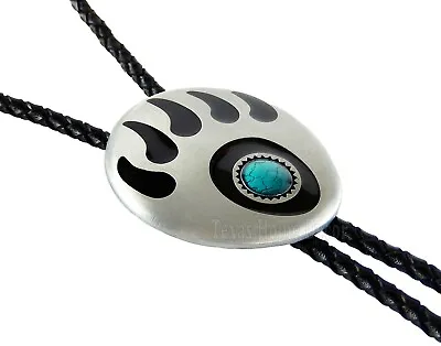 Bear Claw Bolo Tie Genuine Leather Cord Silver Tone Turquoise Enamel 38  • $21.95