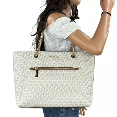 Michael Kors Jet Set Item Large Front Pocket Chain Tote Bag Purse Mk Vanilla • $134.80