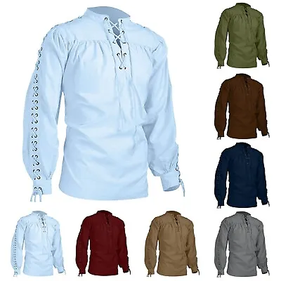 Men's Medieval Gothic Renaissance Shirts Long Sleeve Viking Pirate Lace Up Tops • $30.56