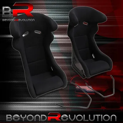 2X Pro R SPG Profi Bucket Seats Chairs + Sliders Set & Head Support Black Fabric • $346.99