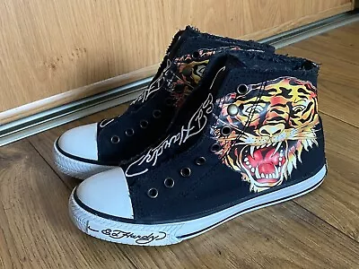 Ed Hardy Black Tiger & Skull High Top Sneakers Laceless Trainer Size 2.5 Uk (36) • £25