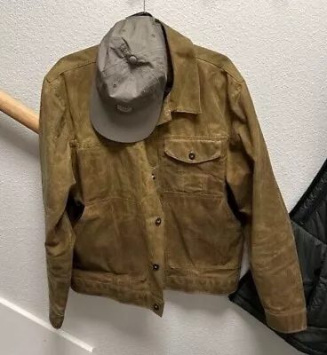 Vintage FILSON Waxed Tin Cloth Unlined Jacket - Tan - Size  XL + Brand New Hat • $222.50